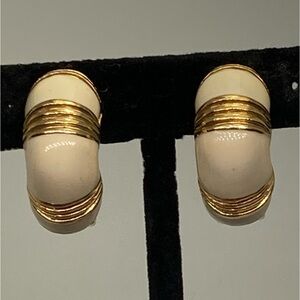 Vintage KJL Ivory Enamel Gold Tone Hoop Clip-On Earrings